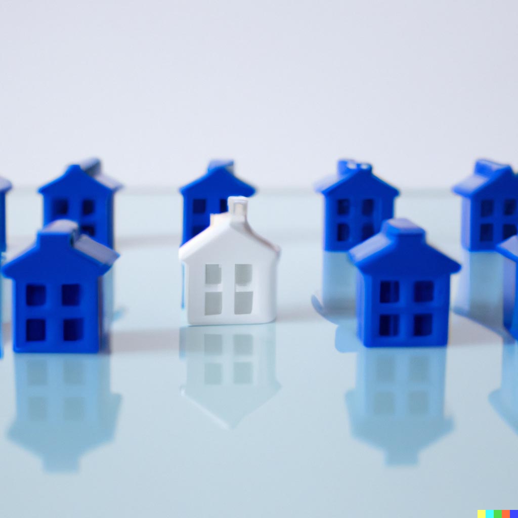 DALL·E prompt: white monopoly houses on a glossy white table with one blue monopoly house
